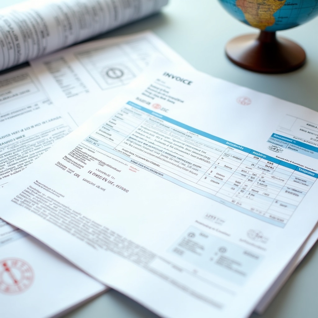 Documente de factură internațională pe birou