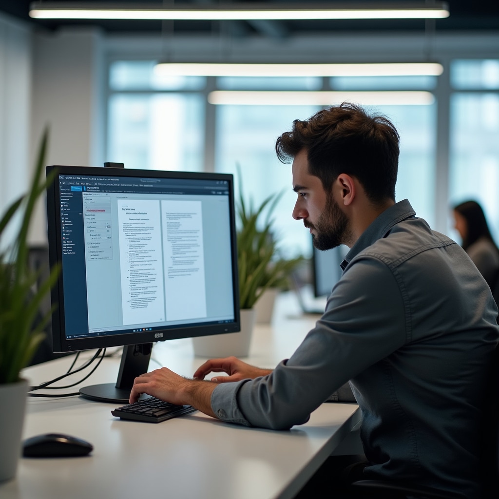 Traducător lucrând la documente financiare în birou modern